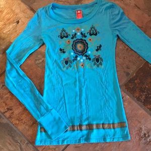 Free People Anthropologie Turquoise Henley. Floral Boho Long Sleeve Top Shirt XS